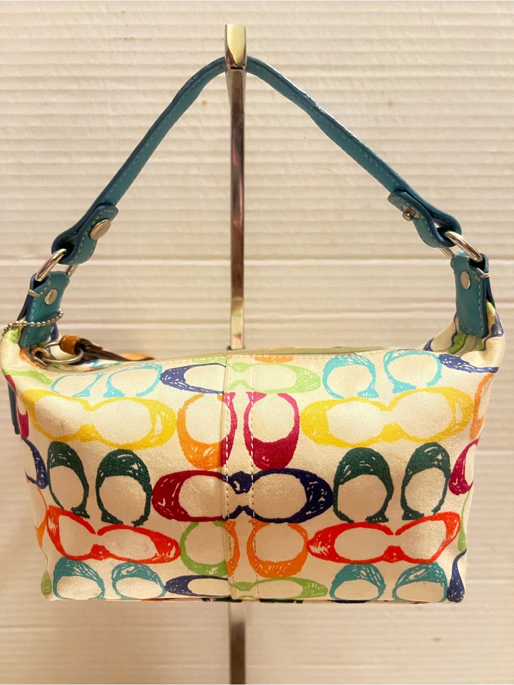 Coach Multicolor Signature Print Shoulder Bag with Teal Strap